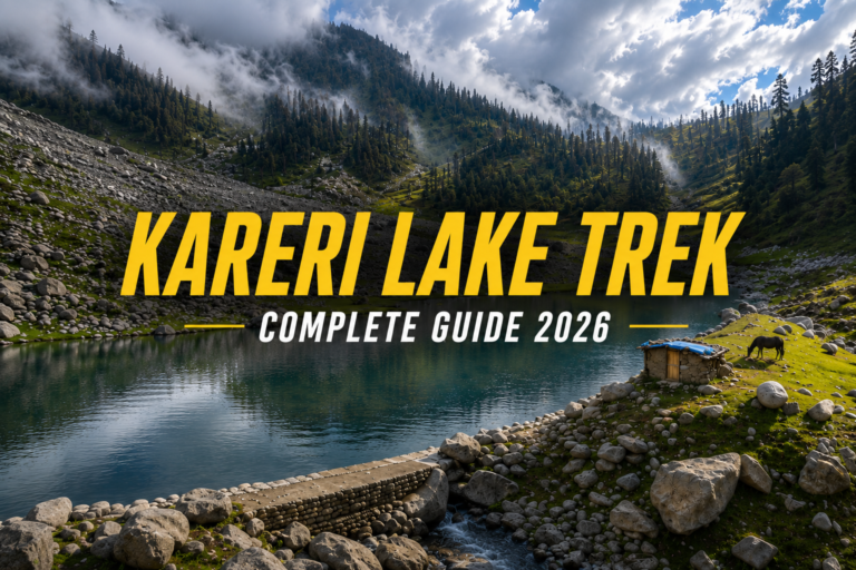 Kareri Lake Trek complete 2026 guide cover with lake and Dhauladhar mountains