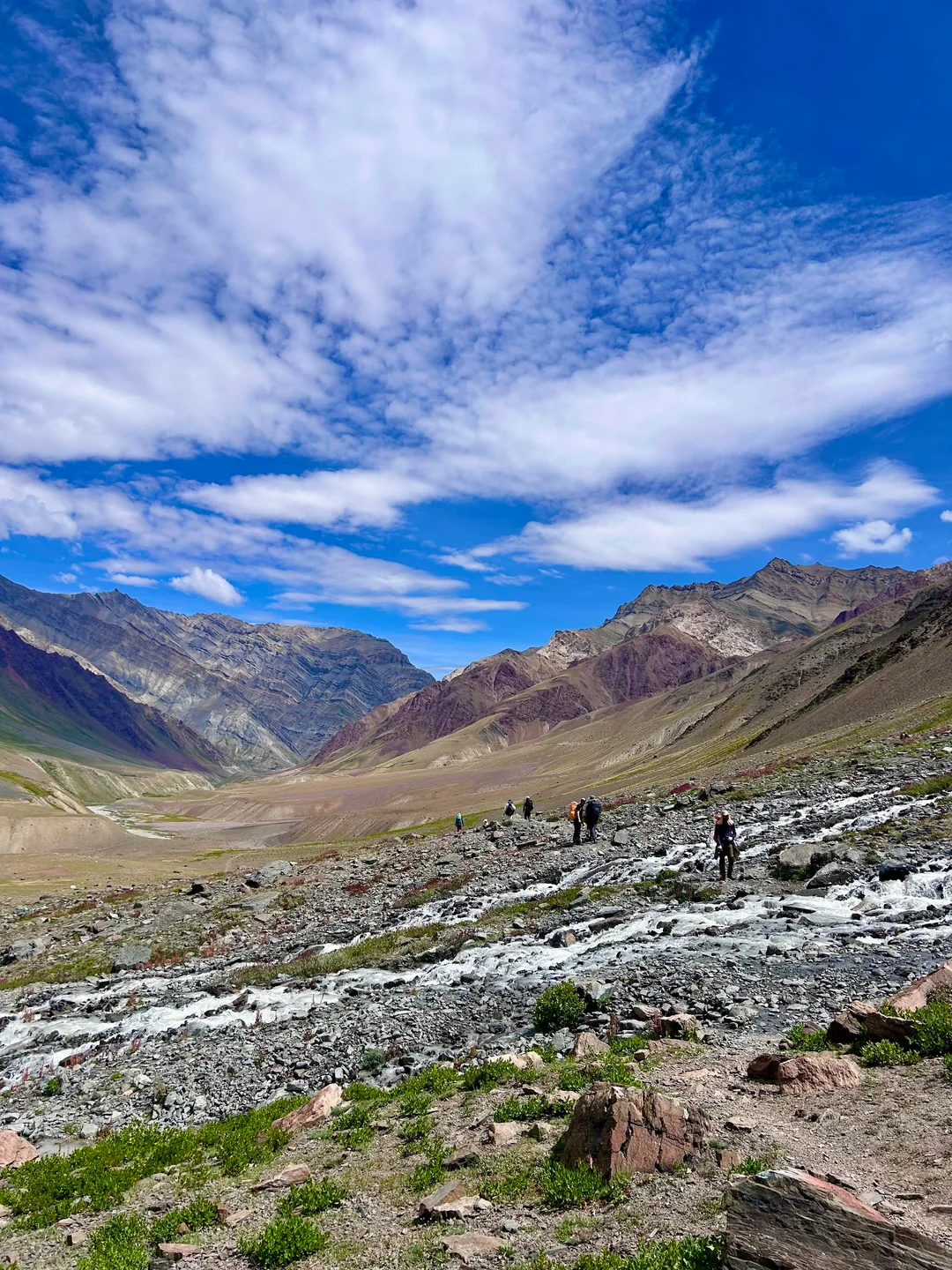 Trekkers crossing streams on the Pin Bhabha Pass Trek